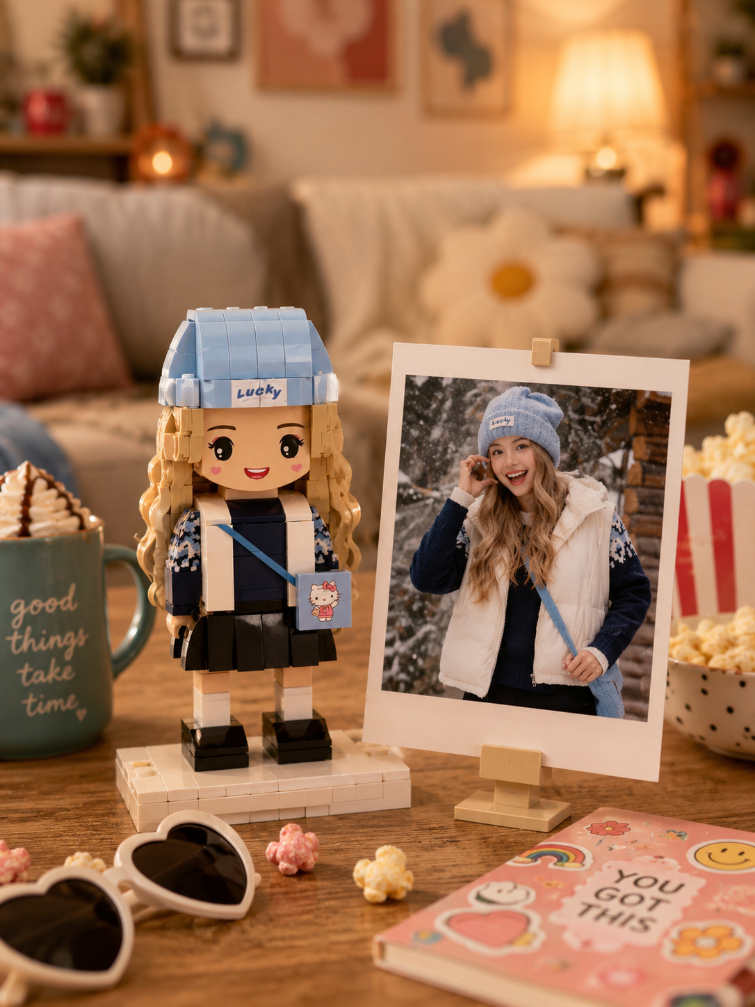 Woman in blue beanie beside her custom brick portrait